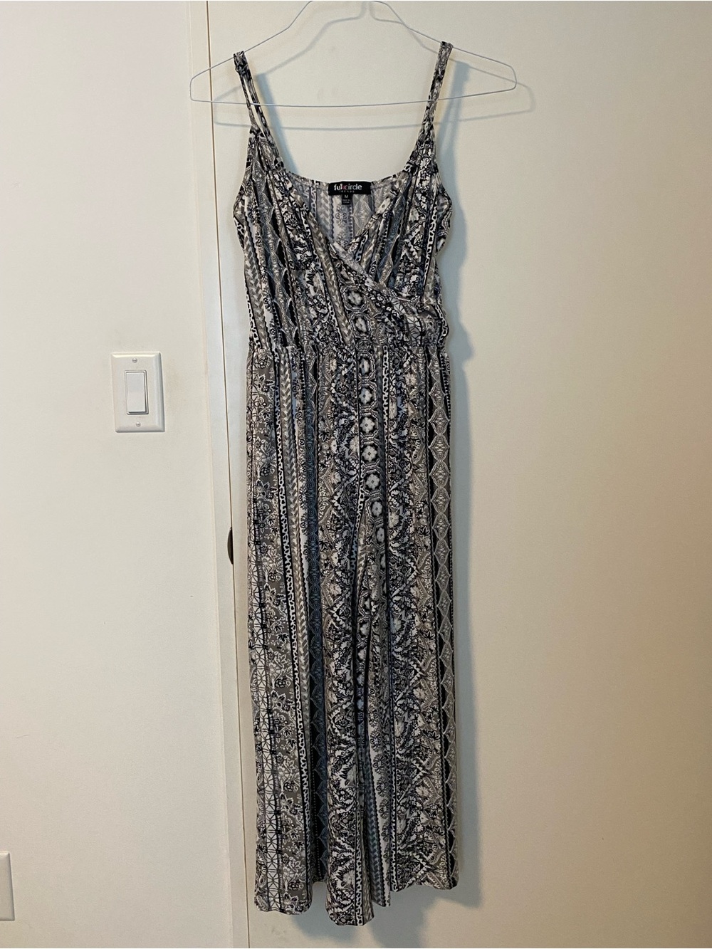 Gathered Wrap-Front Black & White Patterned Jumpsuit with Adjustable Strass